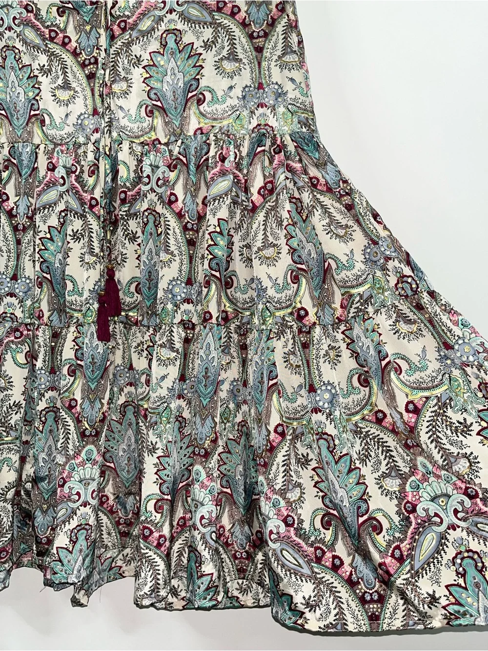 Paani Paisley Bell Sleeve Tunic Dress Medium Boho Multicolor Tiered Resortwear - Picture 9 of 11